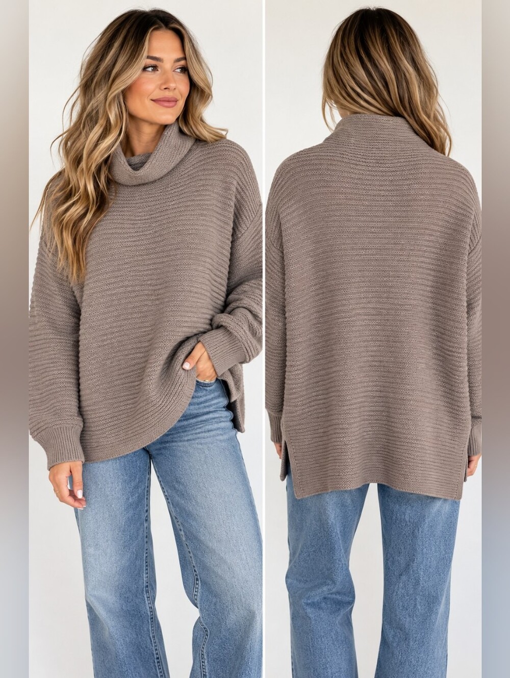 Athleta Lodge Pullover 100% Merino Wool Turtleneck Sweater Medium Taupe